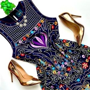 Anthropologie Maeve Kira Embroidered Tunic Navy Shift Mini Dress Size 10